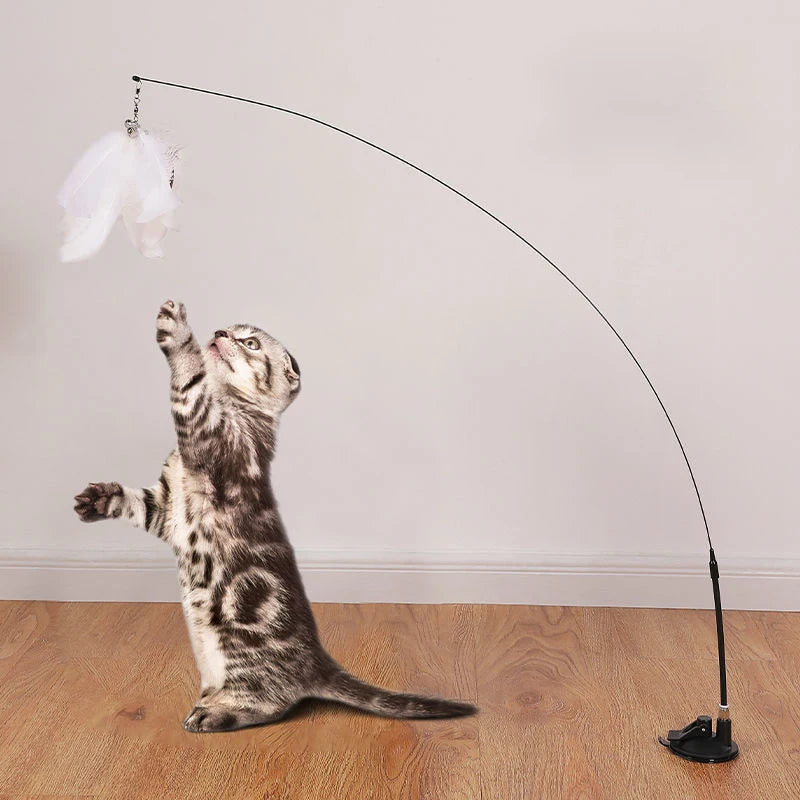 Feather cat teaser wand - Suction cup hands free play, for Kittens & Cats