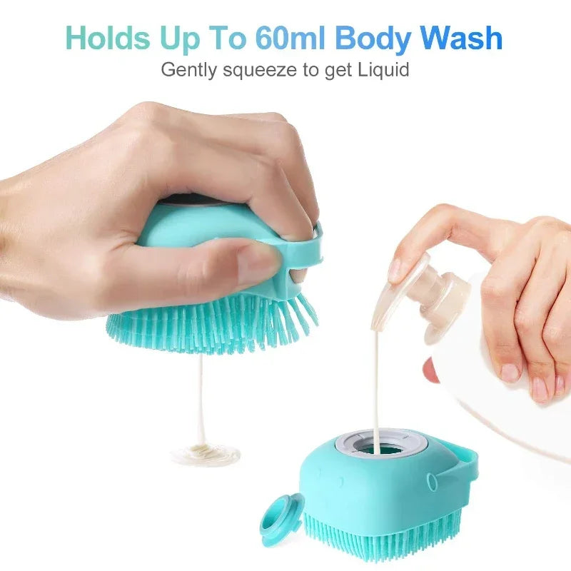 Pet Bathing & Massage Brush with Shampoo Dispenser – Soft Silicone Scrubber for Dogs & Cats (80ml)