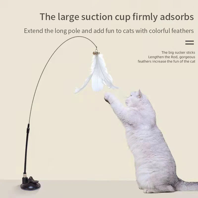 Feather cat teaser wand - Suction cup hands free play, for Kittens & Cats