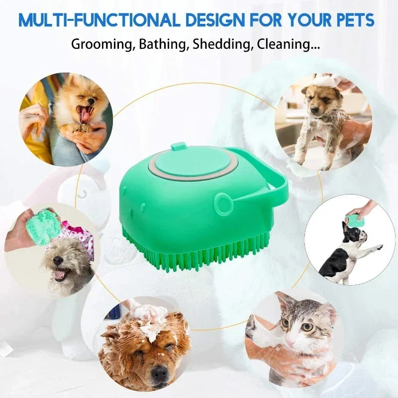 Pet Bathing & Massage Brush with Shampoo Dispenser – Soft Silicone Scrubber for Dogs & Cats (80ml)